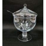 Contemporary Flamant footed glass punchbowl, cover and ladle, the domed cover with knop finial,
