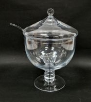 Contemporary Flamant footed glass punchbowl, cover and ladle, the domed cover with knop finial,
