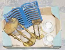 Collection of kitchenalia, including two brass hour glasses in sizes, a stoneware storage jar, a