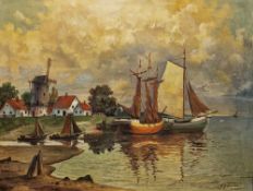 F G Bracht (20th century)  Oil on canvas Dutch scene, boats in harbour before a village, signed