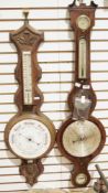 Mahogany barometer with silvered dial, mirror to the centre and dry/damp scale to the top with