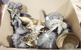 Box of assorted metalware including two spelter figures of a shepherdess and a boy with grapes,