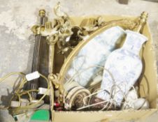 Table lamp with column base, another table lamp with blue and white baluster vase base, a wall