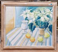 21st century school  Oil on board  Still life of fruits and flowers on a table, unsigned, 59cm x