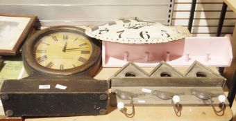 Clock Co. (London) vintage-style oval wall clock, two coat hooks/racks, one with bird hooks, the
