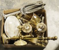 Brass coal scuttle, fire screen and a box of assorted metalware including brass candlesticks, fire