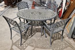 Grey painted oval aluminium garden table with pierced lattice top and under tier, 134cm long x