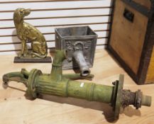 Antique lead drain hopper of square form with shell and star decoration and spout, 20cm high, a