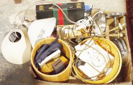 Box of assorted items including clocks, table lamps, wooden wastepaper basket, fruit bowls, a Corona
