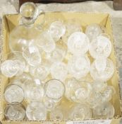 Box of assorted glassware including three 19th century glass rummers, a small Georgian trumpet-
