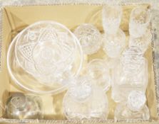 Three boxes of assorted items including inlaid jewellery box, treen turned fruit and glassware (3