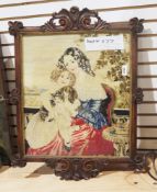 Framed Victorian embroidery of a woman and girl seated holding a dog and a cat (lacking pole