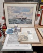Collection of Cunard related memorabilia including The RMS Queen Elizabeth dinner menu dated 5th