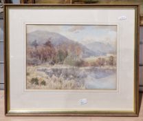 Five various framed pictures including an autumnal mountainous lake landscape by A Stevens, a