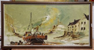 Bill Hawkes (21st century)  Oil on board Fishing boats and houses, signed lower right, framed, 44.