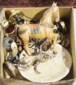 Polished stone bowl, possibly Purbeck marble, a carved wooden model of a horse, a small quantity