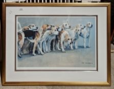Framed signed print of hunting hounds by Judy Kent, no.39/500 and a signed print by A Seward of a