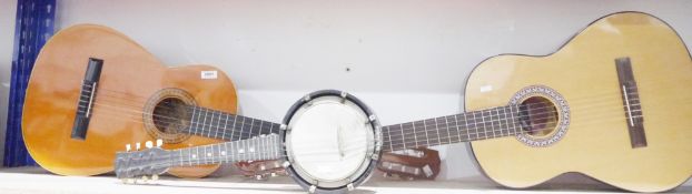 Spanish classical guitar by Jose Mas Y Mas, another classical guitar by Jose Feller and a piccolo