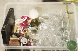 Six green and amber tinted glass flutes, various cut drinking glasses, a cased silver-plated serving