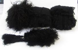 Black lace shawl, two black ostrich feather tasselled scarves and other black lace items