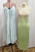 Selection of vintage nightgowns and petticoats, green with cream coloured lace, pale blue, white