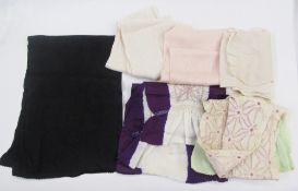 Four Japanese mid-century silk embroidered sashes, two with smocked detail, a pink silk scarf and