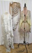 Assorted theatrical costume to include a full-length cape trimmed with marabou, the material is