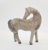 Jacqui Freeman raku model horse in beige and black with label, 25cm high x 24cm wide