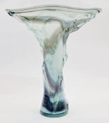 Contemporary large studio Art glass vase with flared rim, swirls of blue, green, lavender on a