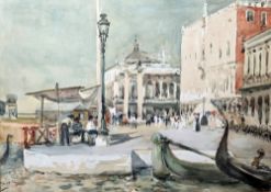 Albert Ludovici (1852-1932) Watercolour  Venetian scene with figures, gondolas in foreground,