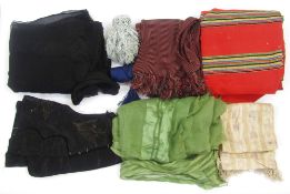 Quantity of vintage scarves, remnants, a bag of nylon stockings (1 box)