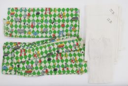 Two short pairs of 1950's kitchen design curtains, unlined, green and white diamond pattern with