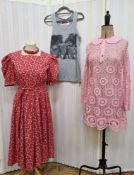 Laura Ashley red cotton dress labelled Laura Ashley made in Great Britain, drop waist, puff sleeves,