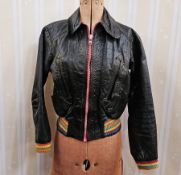 Mr Freedom 1970's leather bomber jacket, pink zip, knitted waistband and cuffs, the leather does