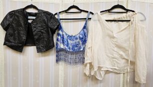 Selection of late 1960's clothes including a black bolero top labelled Influence, a white peasant-