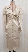 Vivienne Westwood shirt dress, pale gold with ruched detail to the collar, puff shoulders, sleeves