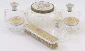 Mid-20th century lady's glass embroidered dressing table set comprising six lidded glass jars and