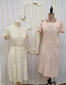 1940's ivory chiffon day dress, embroidered detail to the bodice and pockets, three-quarter length