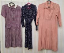 1940's crepe day dress (worn and damaged), turquoise and white pattern on a mauve ground, white