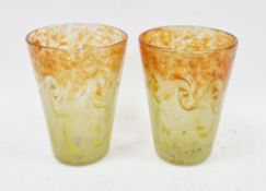 Pair of Scottish Vasart glass vases, with mottled yellow and orange swirls, raised pontil and acid