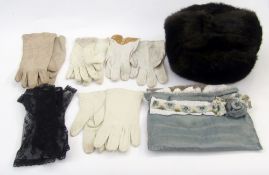 Brown coney gent's fur hat with ear flaps and a collection of kid gloves in a small homemade chiffon