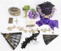 Selection of Victorian mourning and half-mourning items to include two black lace and sequinned