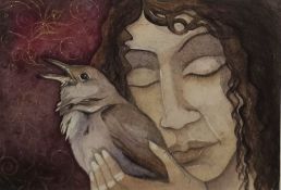 Jackie Morris watercolour drawing A Bird in Hand, female figure holding bird, 6cm x 8cm approx in