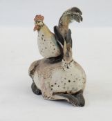 Blandine Anderson stoneware model of cockerel seated on the back of a hare, 7cm high x 6.5cm wide