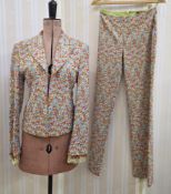 Gianni Versace trouser suit with embroidered material in pale green, pale blue and orange, the cuffs