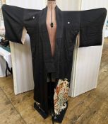 A mid century Japanese Kimono, black, embroidered with gold thread and hand painted floral