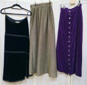 1970's maxi skirt by Peggy Page, purple velvet with gilt buttons all way down the front, a gold