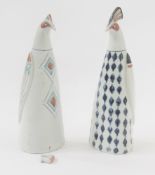 Two 20th century porcelain stylised figures of chickens, both with incised and glazed geometric