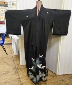 Mid-century Japanese Kimono, formal Tomesode, hand painted with cranes, the family crest, the cranes