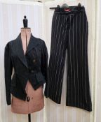 Vivienne Westwood Red Label black cotton jacket, asymmetric fastening and a pair of black pinstriped